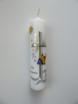 Kommunionkerze-Konfirmationskerze Junge , Kreuz / Fisch - Regenbogen  modern